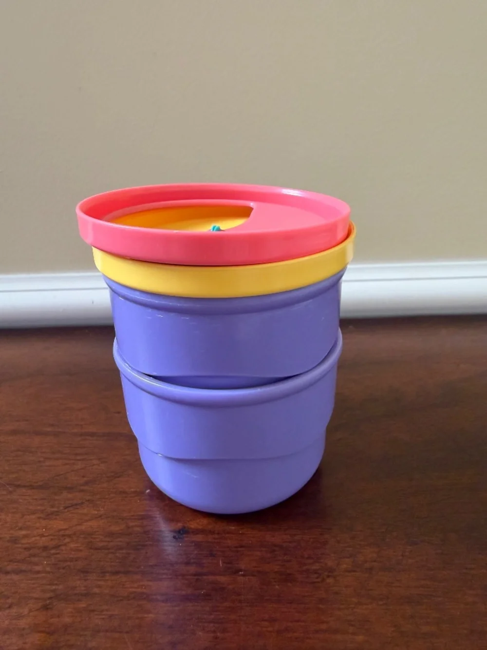Vintage Tupperware Snack Be Nimble Purple Container Cup, Pink, Yellow, Teal Lid